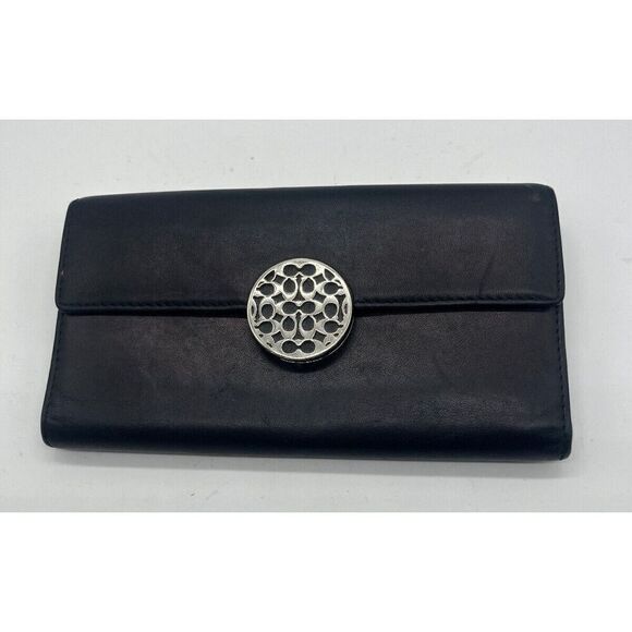 Coach Alexandra‎ Signature Silver Ornament Black Leather Cowhide Clutch Wallet - Picture 1 of 8